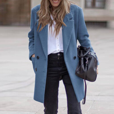 Elegantna ravna jakna s dvostrukim kopčanjem Modni ženski debeo vuneni kaputi Gornja odjeća Jesenski ženski kaput s urezanim ovratnikom dugih rukava