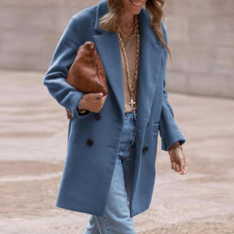 Elegantna ravna jakna s dvostrukim kopčanjem Modni ženski debeo vuneni kaputi Gornja odjeća Jesenski ženski kaput s urezanim ovratnikom dugih rukava
