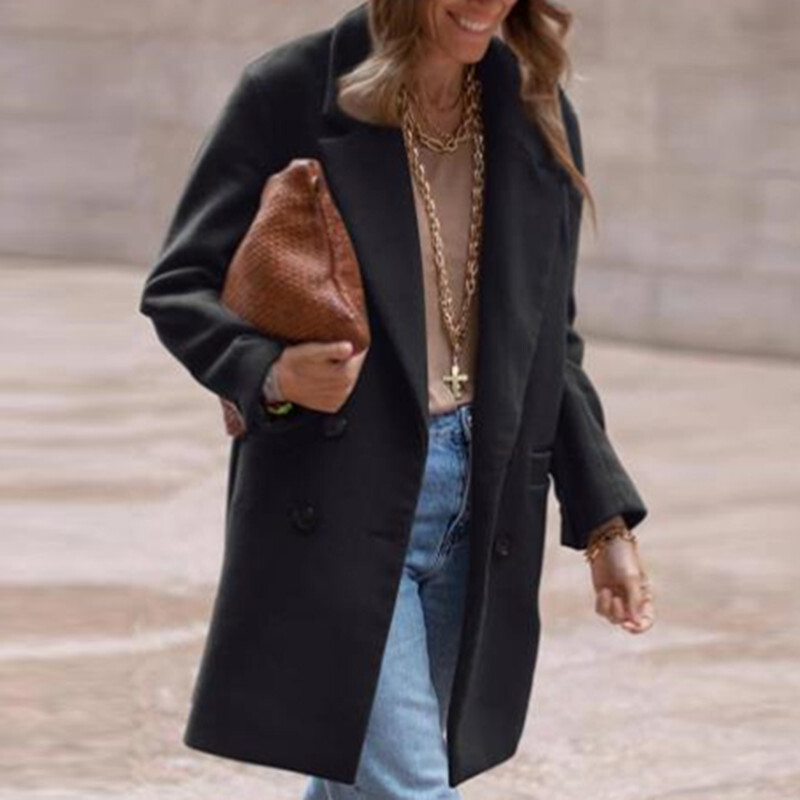 Elegantna ravna jakna s dvostrukim kopčanjem Modni ženski debeo vuneni kaputi Gornja odjeća Jesenski ženski kaput s urezanim ovratnikom dugih rukava