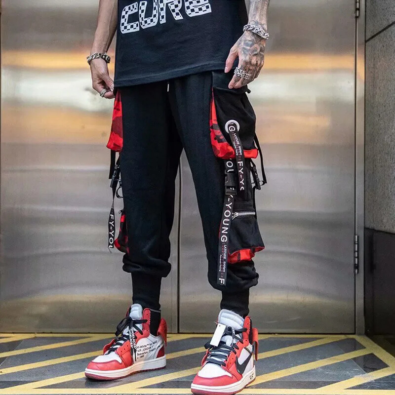 Joggers Cargo Bikses vīriešiem Ikdienas Hip Hop Hit Color Pocket Vīriešu bikses Sporta bikses Streetwear Lentes Techwear Bikses
