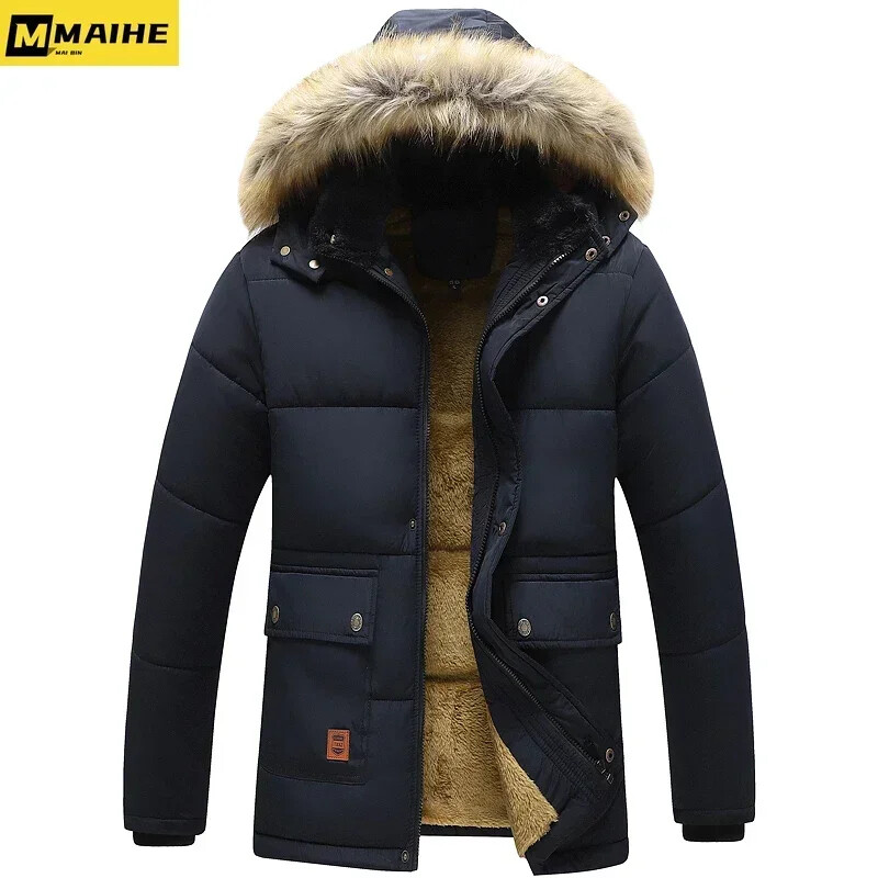 Ανδρικό μπουφάν με γούνινο γιακά με κουκούλα Classic Casual Parka Ανδρικό 2024 Νέο αντιανεμικό fleece Ζεστό χοντρό μπουφάν Parkas Ανδρικό παλτό