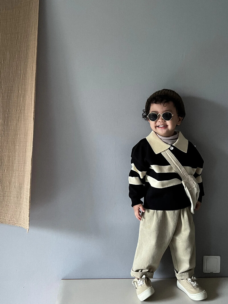 Pulover pentru copii, primăvară, toamnă, în stil coreean, tricou polo versatil, băieți, fete, pentru bebeluși, în două piese, cu nasturi, cu rever, tricotat