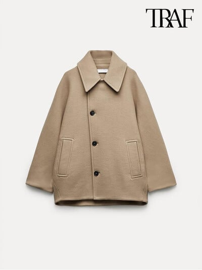 Jachetă pentru femei TRAF, la modă, cu un singur piept, ocazional, vintage, cu mânecă lungă, cu rever, toamnă și iarnă, kaki, lână, cu mânecă liliac