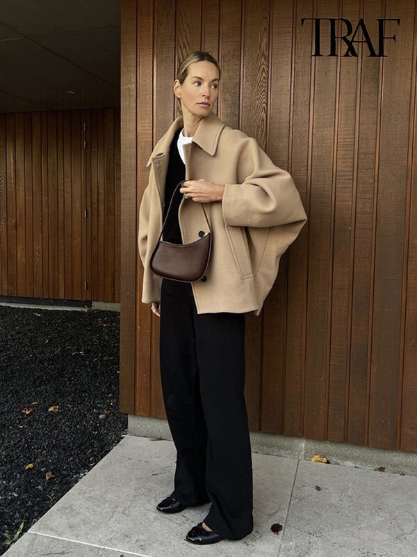 Jachetă pentru femei TRAF, la modă, cu un singur piept, ocazional, vintage, cu mânecă lungă, cu rever, toamnă și iarnă, kaki, lână, cu mânecă liliac