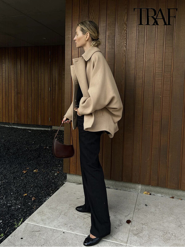 Jachetă pentru femei TRAF, la modă, cu un singur piept, ocazional, vintage, cu mânecă lungă, cu rever, toamnă și iarnă, kaki, lână, cu mânecă liliac