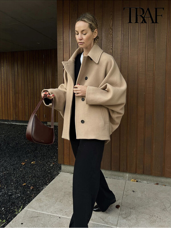 Jachetă pentru femei TRAF, la modă, cu un singur piept, ocazional, vintage, cu mânecă lungă, cu rever, toamnă și iarnă, kaki, lână, cu mânecă liliac