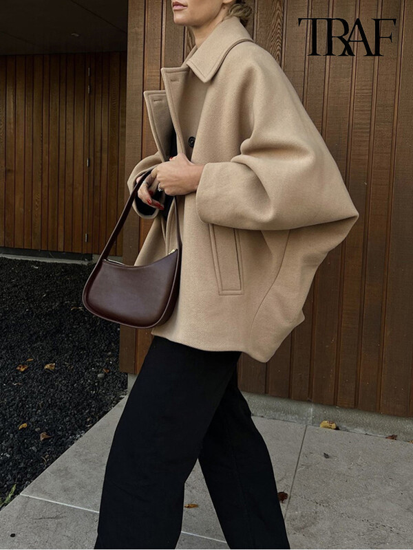 Jachetă pentru femei TRAF, la modă, cu un singur piept, ocazional, vintage, cu mânecă lungă, cu rever, toamnă și iarnă, kaki, lână, cu mânecă liliac