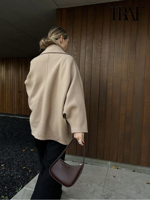 Jachetă pentru femei TRAF, la modă, cu un singur piept, ocazional, vintage, cu mânecă lungă, cu rever, toamnă și iarnă, kaki, lână, cu mânecă liliac