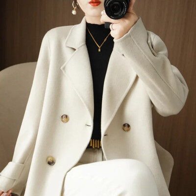 Γυναικείο μοντέρνο μάλλινο πανωφόρι 2024 Cropped φθινόπωρο/χειμώνα Petite loose-fit σακάκι αναστρέψιμο εποχιακό κοστούμι γιακά