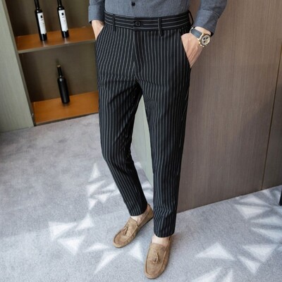 Κορεάτικη μόδα Καλοκαίρι Νέο Ανδρικό Ice Silk ριγέ τσέπες Παντελόνι με φερμουάρ Κοστούμι Smart Casual Trend Λεπτό ίσιο παντελόνι μέχρι τον αστράγαλο