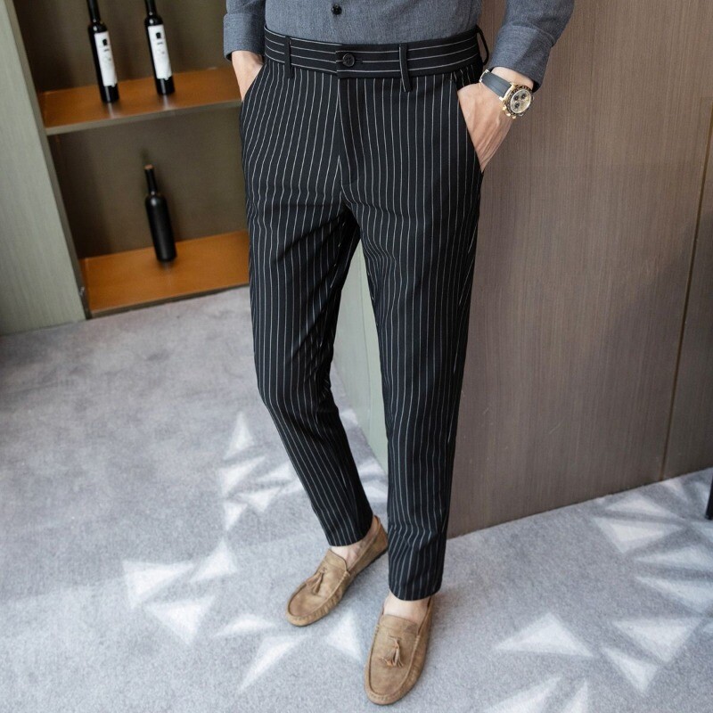 Κορεάτικη μόδα Καλοκαίρι Νέο Ανδρικό Ice Silk ριγέ τσέπες Παντελόνι με φερμουάρ Κοστούμι Smart Casual Trend Λεπτό ίσιο παντελόνι μέχρι τον αστράγαλο