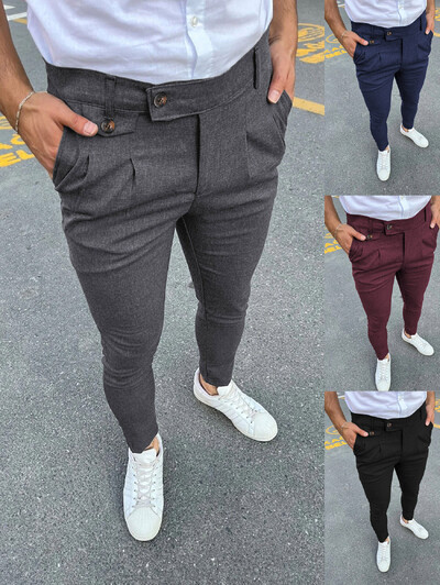 Νέο ανδρικό business Casual Skinny Stretch Παντελόνι Pencil Παντελόνι Μόδας Φερμουάρ στη μέση της μέσης Μασίφ παντελόνι για τζόκινγκ χακί