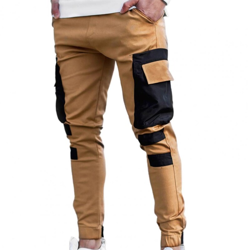 Pantaloni cargo de iarnă, bărbați, buzunare laterale mari Textură fină, culoare contrastantă, îmbinare, pantaloni sport, skinny, pantaloni de sport de lucru pentru bărbați