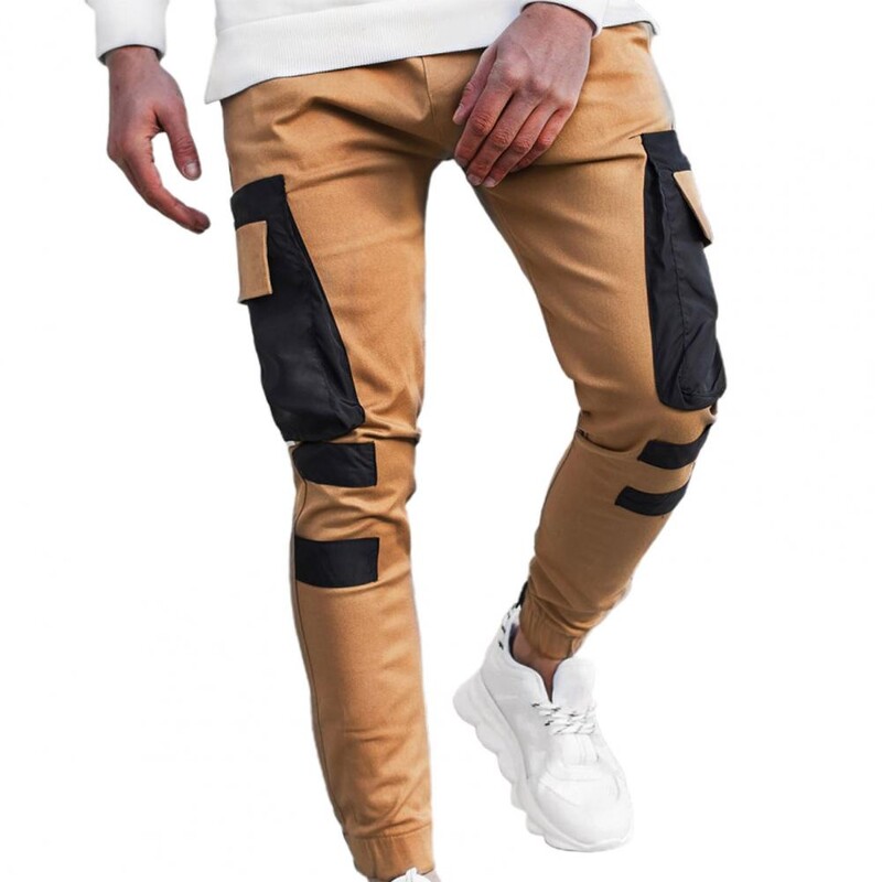 Pantaloni cargo de iarnă, bărbați, buzunare laterale mari Textură fină, culoare contrastantă, îmbinare, pantaloni sport, skinny, pantaloni de sport de lucru pentru bărbați
