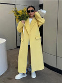 Elegantni vuneni kaput na rever s paketom na jedno dugme Ženski modni žuti široki kaput dugih rukava 2024. Jesen Zima Ženska gornja odjeća