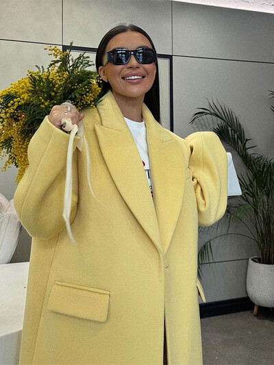 Elegantni vuneni kaput na rever s paketom na jedno dugme Ženski modni žuti široki kaput dugih rukava 2024. Jesen Zima Ženska gornja odjeća