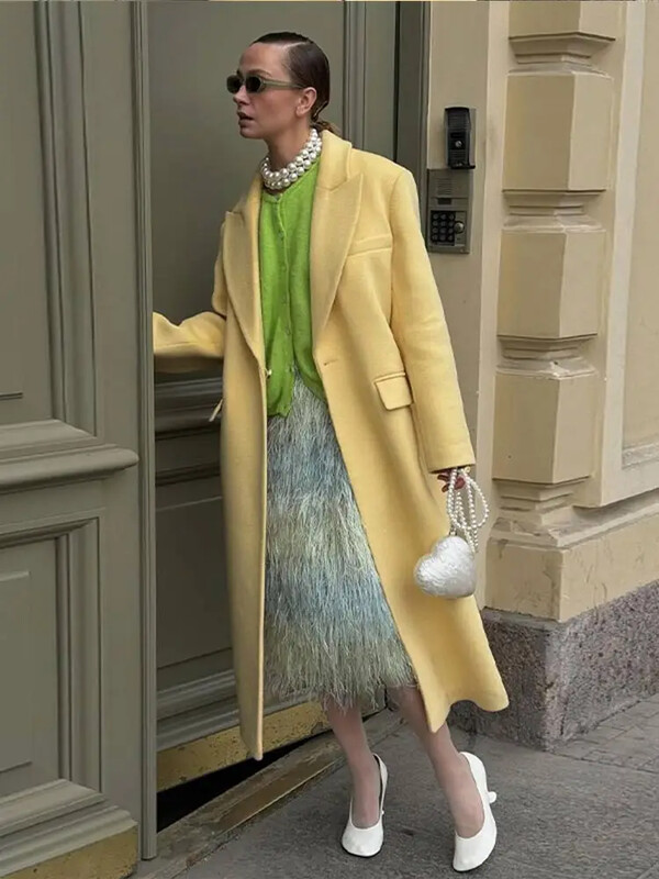 Elegantni vuneni kaput na rever s paketom na jedno dugme Ženski modni žuti široki kaput dugih rukava 2024. Jesen Zima Ženska gornja odjeća