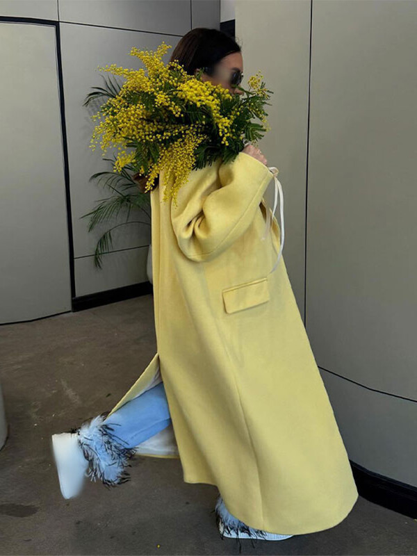 Elegantni vuneni kaput na rever s paketom na jedno dugme Ženski modni žuti široki kaput dugih rukava 2024. Jesen Zima Ženska gornja odjeća