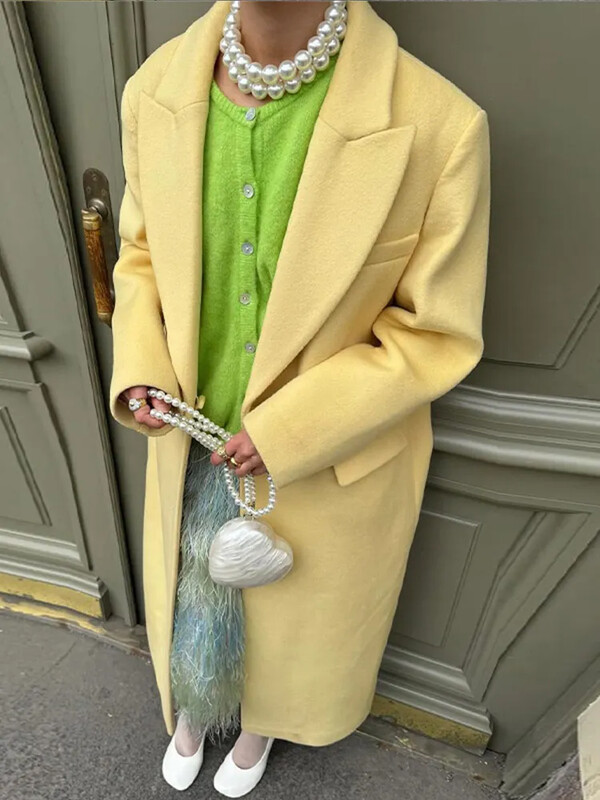 Elegantni vuneni kaput na rever s paketom na jedno dugme Ženski modni žuti široki kaput dugih rukava 2024. Jesen Zima Ženska gornja odjeća