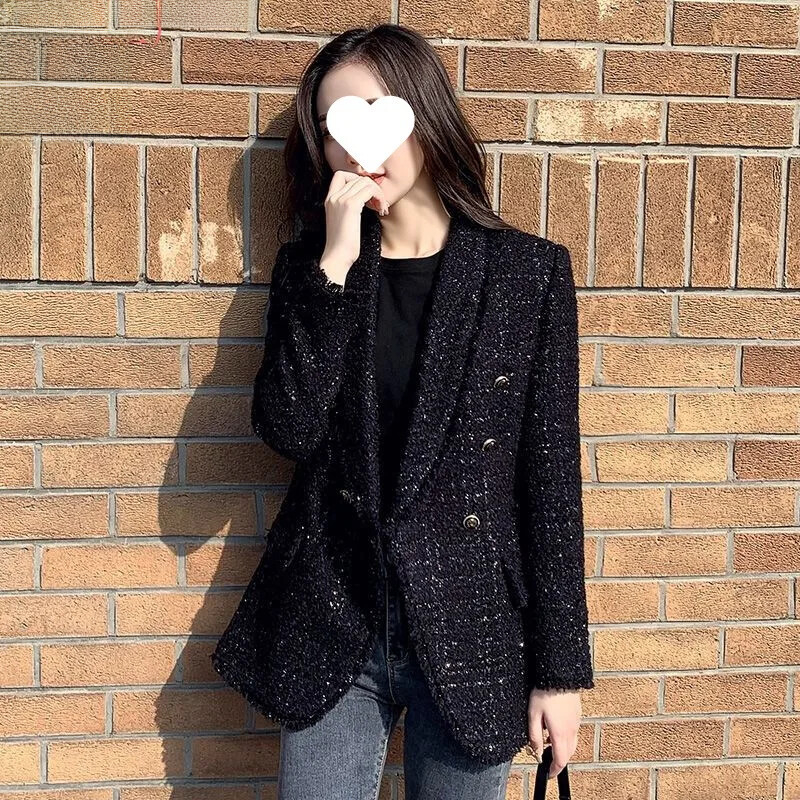 Μαύρο μάλλινο τουίντ γυναικείο κοστούμι σακάκι με εφαρμογή στη μέση που αδυνατίζει εξομαλυντικά ρούχα δυτικού στιλ