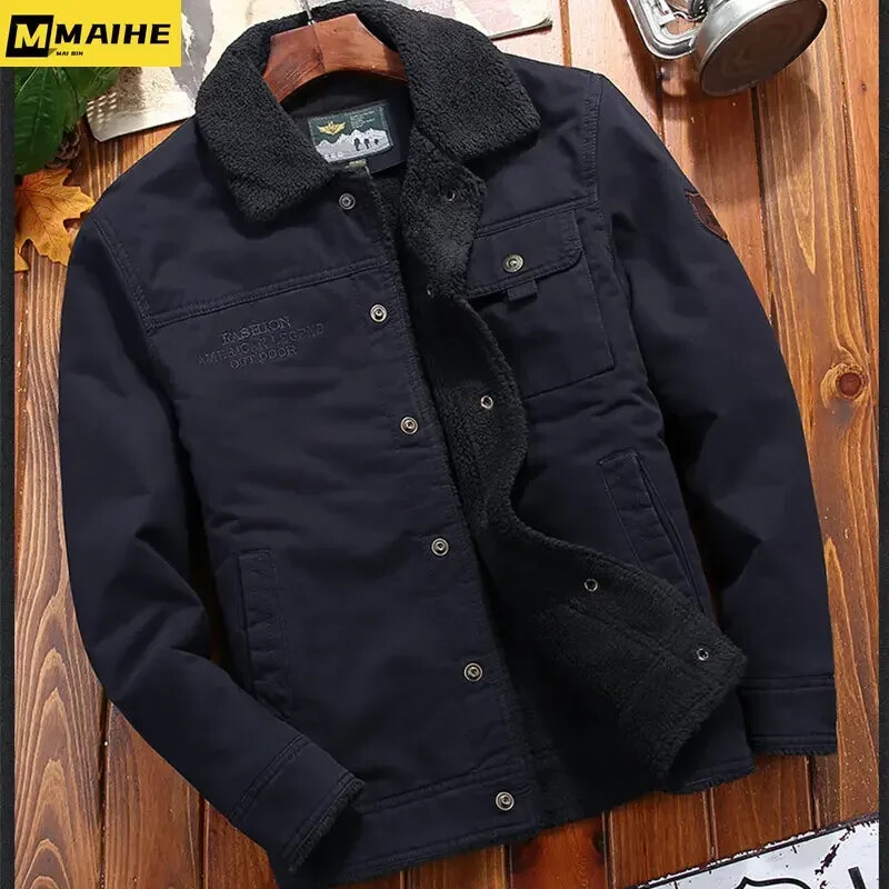 Retro kažokādas apkakle Ziemas jaka Vīriešu jauns Biezs silts Mētelis Ikdienas jēra vilna Parka Vīriešu Trend Jaka Vīriešu Bomberjaka 6xl