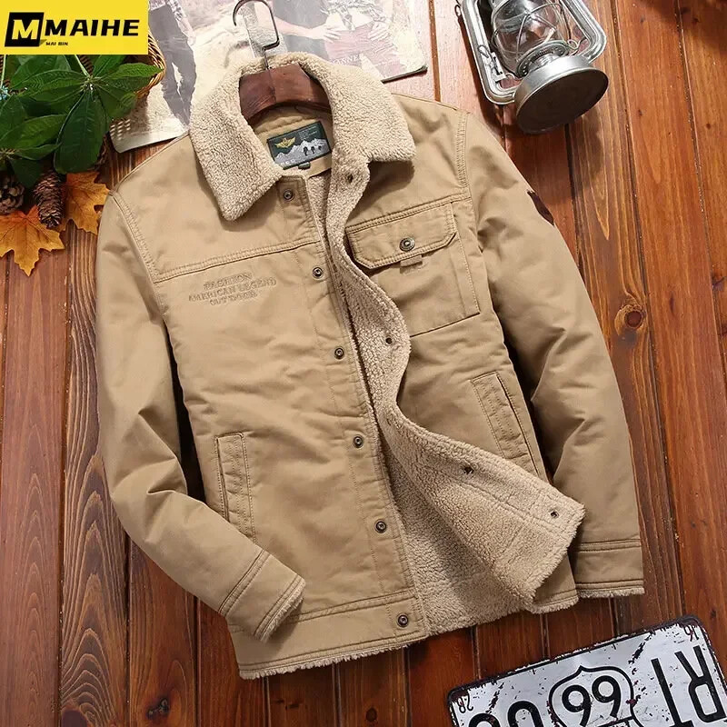 Retro kažokādas apkakle Ziemas jaka Vīriešu jauns Biezs silts Mētelis Ikdienas jēra vilna Parka Vīriešu Trend Jaka Vīriešu Bomberjaka 6xl