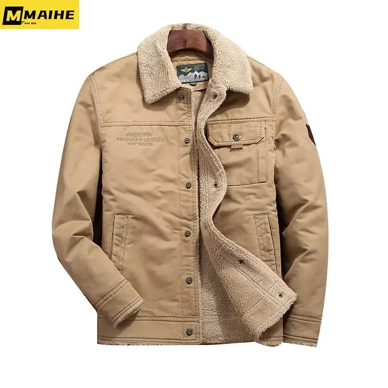 Retro kažokādas apkakle Ziemas jaka Vīriešu jauns Biezs silts Mētelis Ikdienas jēra vilna Parka Vīriešu Trend Jaka Vīriešu Bomberjaka 6xl