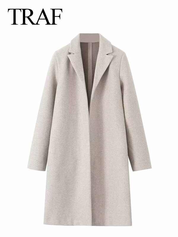 TRAF Φθινόπωρο Χειμώνας Γυναικείο Κομψό μακρυμάνικο φαρδύ παλτό Γυναικείο vintage μονόχρωμο πέτο Ζεστό μακρύ αντιανεμικό πανωφόρι ρούχα