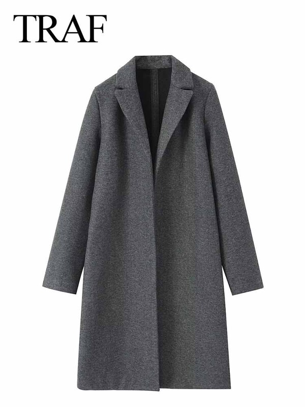TRAF Φθινόπωρο Χειμώνας Γυναικείο Κομψό μακρυμάνικο φαρδύ παλτό Γυναικείο vintage μονόχρωμο πέτο Ζεστό μακρύ αντιανεμικό πανωφόρι ρούχα