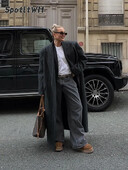 Φθινοπωρινό χειμωνιάτικο ριγέ μάλλινο πανωφόρι Γυναικείο πέτο μόδας μακριά μανίκια Χαλαρά oversize παλτό Lady Elegant Commuting Street outwear