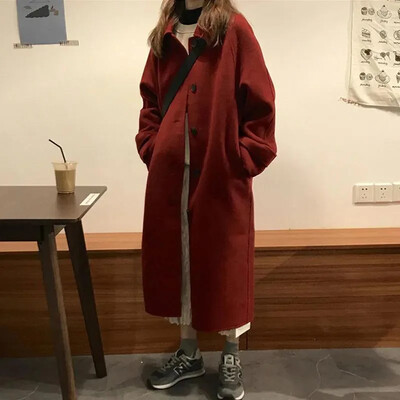 Jachetă de lână de lungime medie pentru femei 2023 toamnă/iarnă noua culoare uni pardesiu cu guler polo, mărime mică