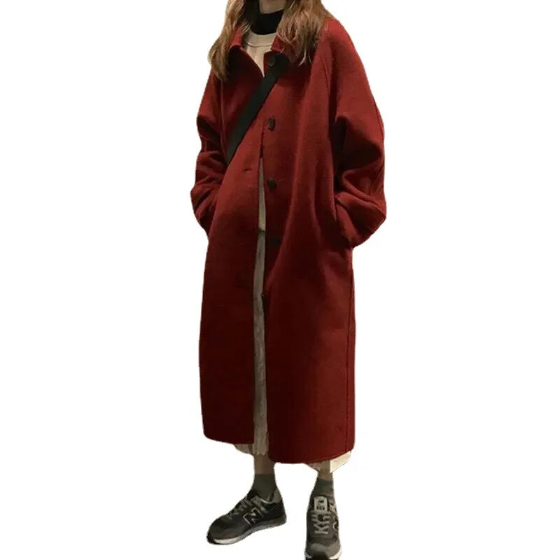 Jachetă de lână de lungime medie pentru femei 2023 toamnă/iarnă noua culoare uni pardesiu cu guler polo, mărime mică