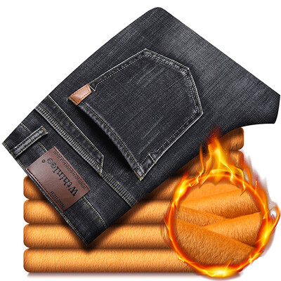 2023. gada ziemas jauni vīriešu flīsa silti džinsi klasiska stila lietišķa stila, biezas, regulāras formas džinsu bikses, melnas zilas zīmola bikses