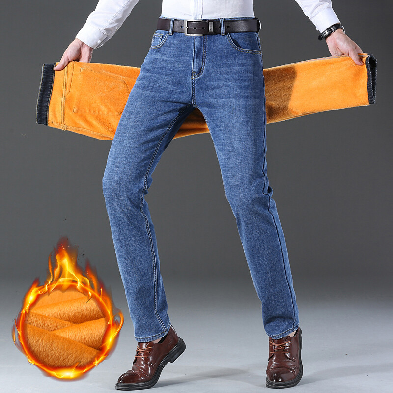 2023. gada ziemas jauni vīriešu flīsa silti džinsi klasiska stila lietišķa stila, biezas, regulāras formas džinsu bikses, melnas zilas zīmola bikses