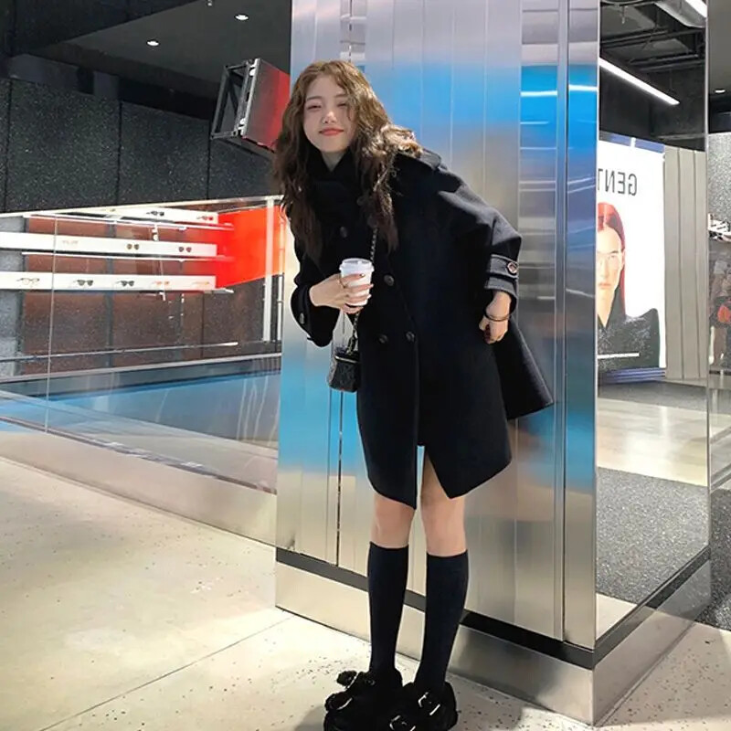 Jachetă de iarnă din lână pentru femei Bluemantle 2023 Pardesiu din lână cu două fețe îngroșat coreean în stil Herrington mic