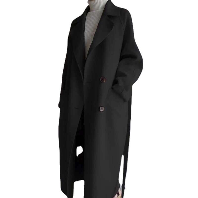 2024. Jesen Zima Luksuzni ženski trenč kaput od tvida Trenč kaput s dvostrukim kopčanjem, široki dugi korejski, stegnut u struku i vezan pojas