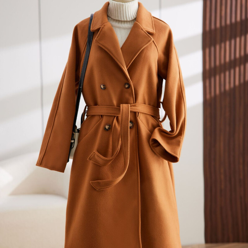 2024. Jesen Zima Luksuzni ženski trenč kaput od tvida Trenč kaput s dvostrukim kopčanjem, široki dugi korejski, stegnut u struku i vezan pojas