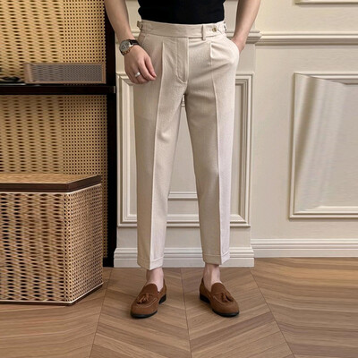 Κοστούμι Νάπολης Ανδρικό Παντελόνι Κομψό Ψηλόμεση Ζώνη Σχεδίαση Λεπτό ίσιο ανδρικό παντελόνι Φθινοπωρινό Vintage μονόχρωμο καθημερινό παντελόνι