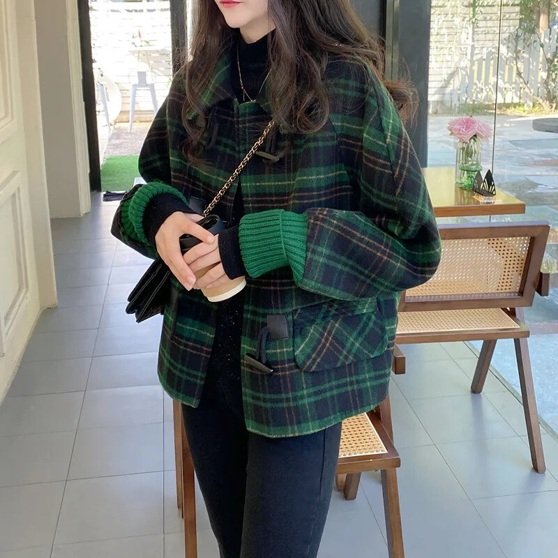 Nouă haină de lână cu zăbrele pentru femei, primăvară, toamnă, mâneci liliac, haină din lână, cu nasturi, coreeană, subțire, scurtă, îmbrăcăminte exterioară pentru femei