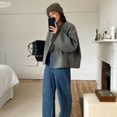 Sieviešu vilnas mētelis ar V veida kakla izgriezumu ar garām piedurknēm Tvīda jaka ar vienu pogu vaļīgs īss rudens ziemas vilnas mētelis elegants ikdienas jaciņš