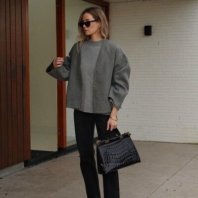 Sieviešu vilnas mētelis ar V veida kakla izgriezumu ar garām piedurknēm Tvīda jaka ar vienu pogu vaļīgs īss rudens ziemas vilnas mētelis elegants ikdienas jaciņš