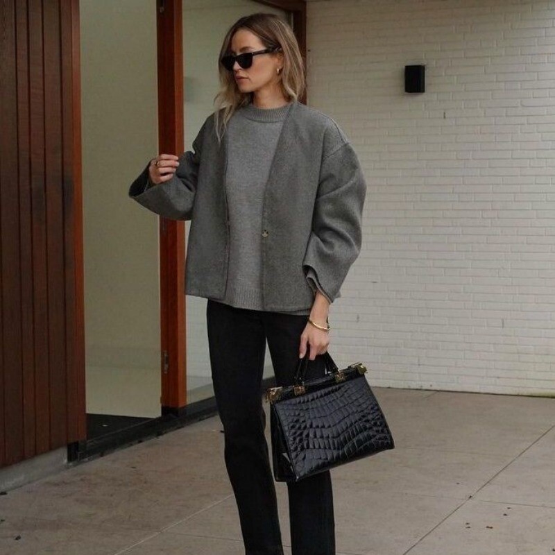 Sieviešu vilnas mētelis ar V veida kakla izgriezumu ar garām piedurknēm Tvīda jaka ar vienu pogu vaļīgs īss rudens ziemas vilnas mētelis elegants ikdienas jaciņš