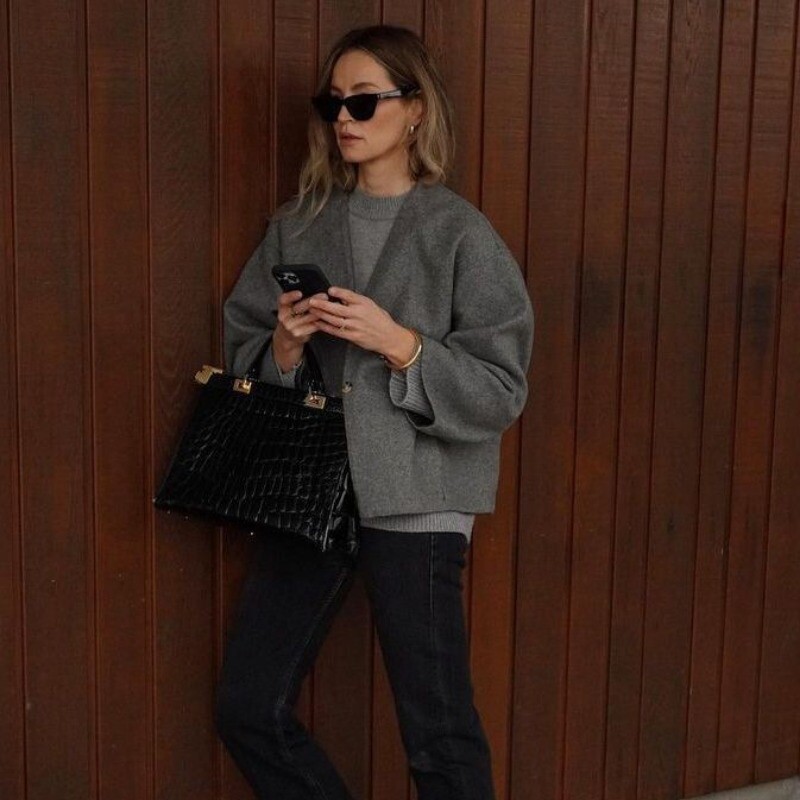 Sieviešu vilnas mētelis ar V veida kakla izgriezumu ar garām piedurknēm Tvīda jaka ar vienu pogu vaļīgs īss rudens ziemas vilnas mētelis elegants ikdienas jaciņš