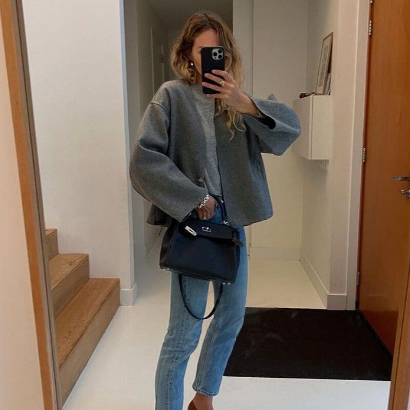 Sieviešu vilnas mētelis ar V veida kakla izgriezumu ar garām piedurknēm Tvīda jaka ar vienu pogu vaļīgs īss rudens ziemas vilnas mētelis elegants ikdienas jaciņš