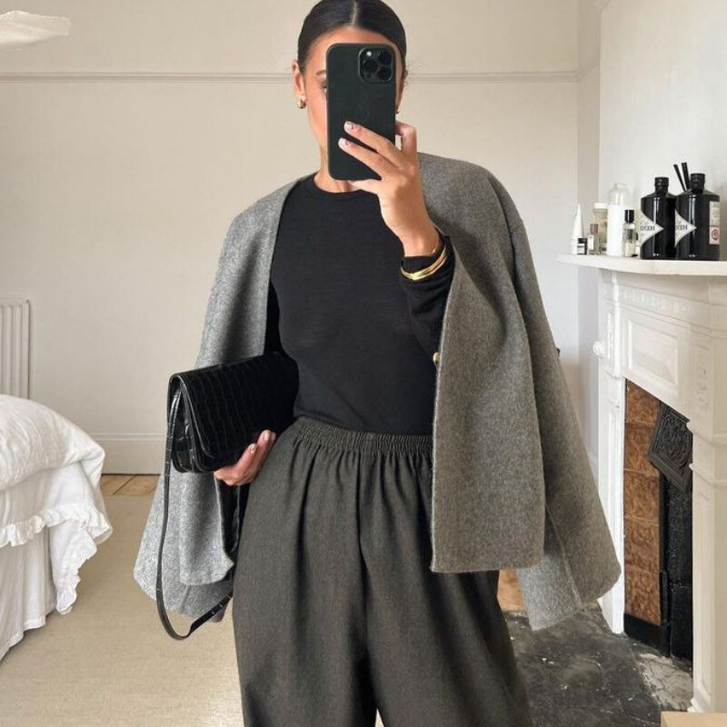 Sieviešu vilnas mētelis ar V veida kakla izgriezumu ar garām piedurknēm Tvīda jaka ar vienu pogu vaļīgs īss rudens ziemas vilnas mētelis elegants ikdienas jaciņš