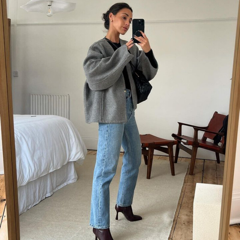 Sieviešu vilnas mētelis ar V veida kakla izgriezumu ar garām piedurknēm Tvīda jaka ar vienu pogu vaļīgs īss rudens ziemas vilnas mētelis elegants ikdienas jaciņš