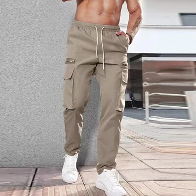 Pantaloni de jogging pentru bărbați, de primăvară, de culoare uni, Pantaloni cargo subțiri cu șnur, îmbrăcăminte de stradă pentru bărbați, pantaloni de design casual, noi cu buzunare plasate