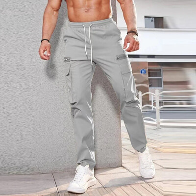 Pantaloni de jogging pentru bărbați, de primăvară, de culoare uni, Pantaloni cargo subțiri cu șnur, îmbrăcăminte de stradă pentru bărbați, pantaloni de design casual, noi cu buzunare plasate