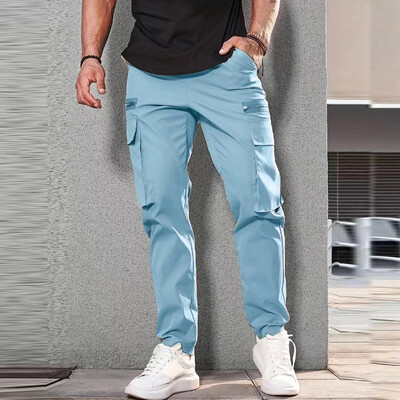Pantaloni de jogging pentru bărbați, de primăvară, de culoare uni, Pantaloni cargo subțiri cu șnur, îmbrăcăminte de stradă pentru bărbați, pantaloni de design casual, noi cu buzunare plasate
