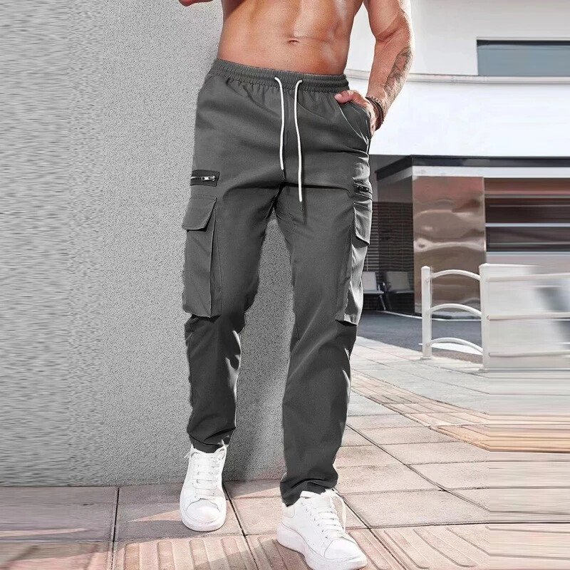 Pantaloni de jogging pentru bărbați, de primăvară, de culoare uni, Pantaloni cargo subțiri cu șnur, îmbrăcăminte de stradă pentru bărbați, pantaloni de design casual, noi cu buzunare plasate
